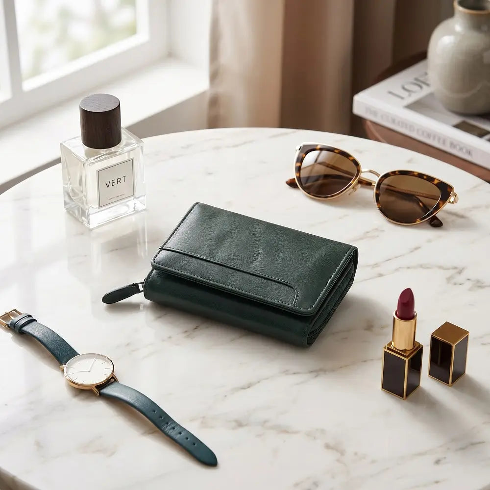 Teal wallet, watch, sunglasses, lipstick, and perfume bottle on a marble surface.