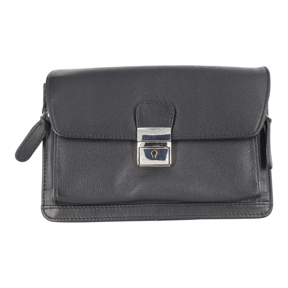 Front view of black leather travel pouch
