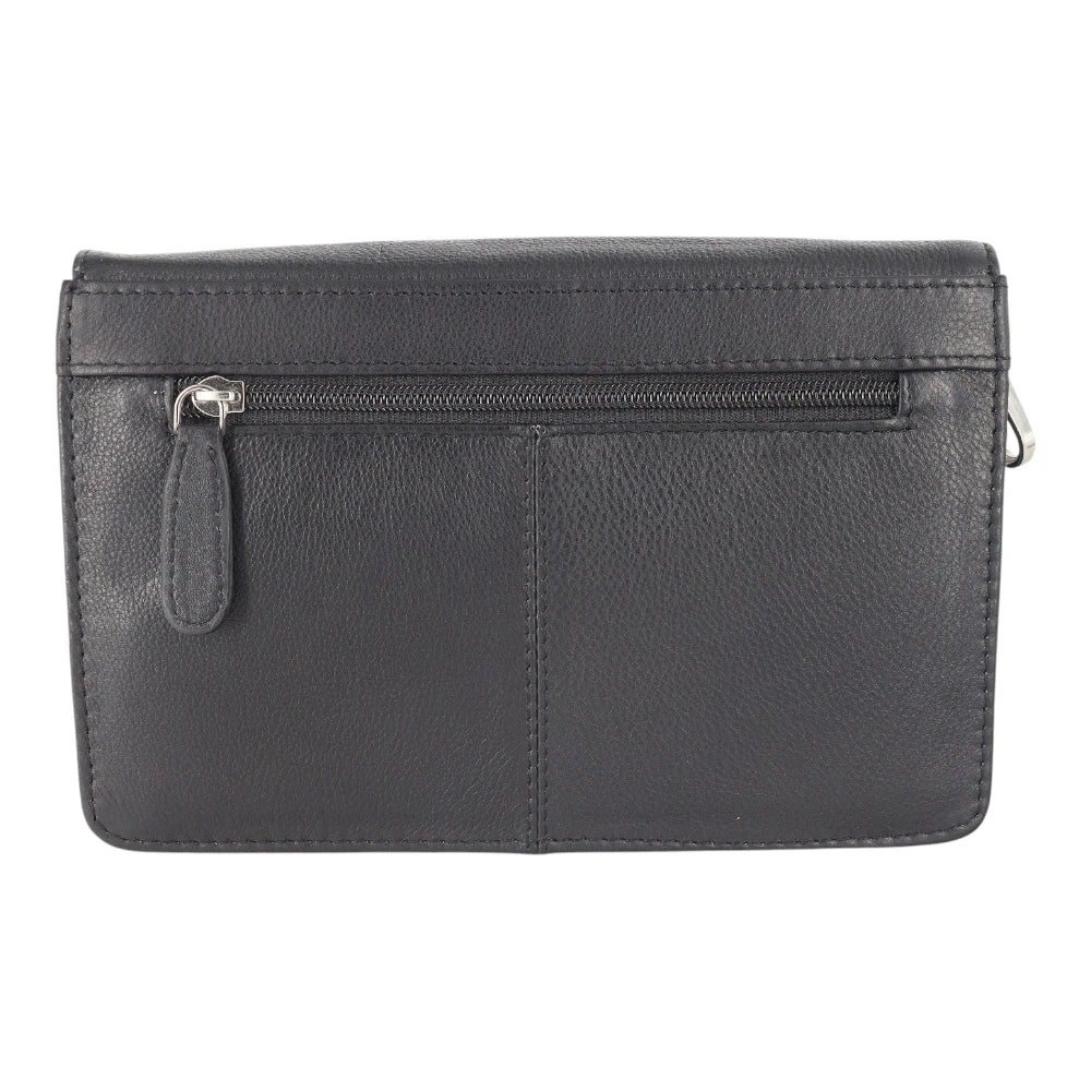 Back view of black leather travel pouch