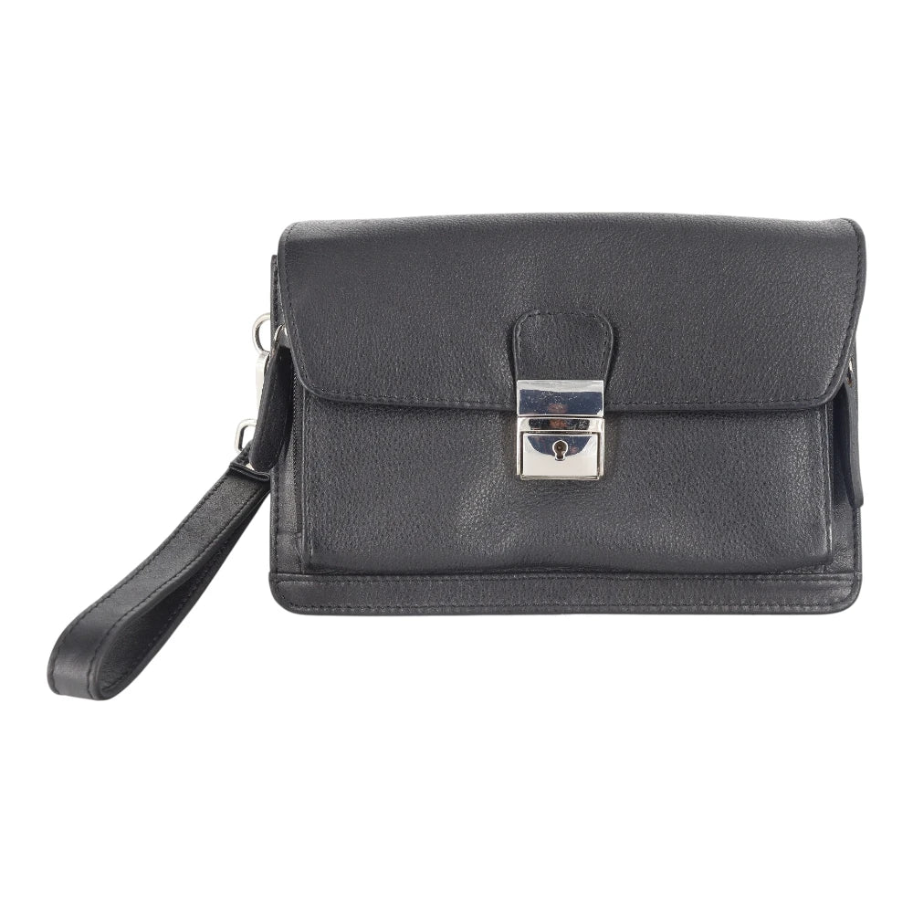 Front view of black leather travel pouch