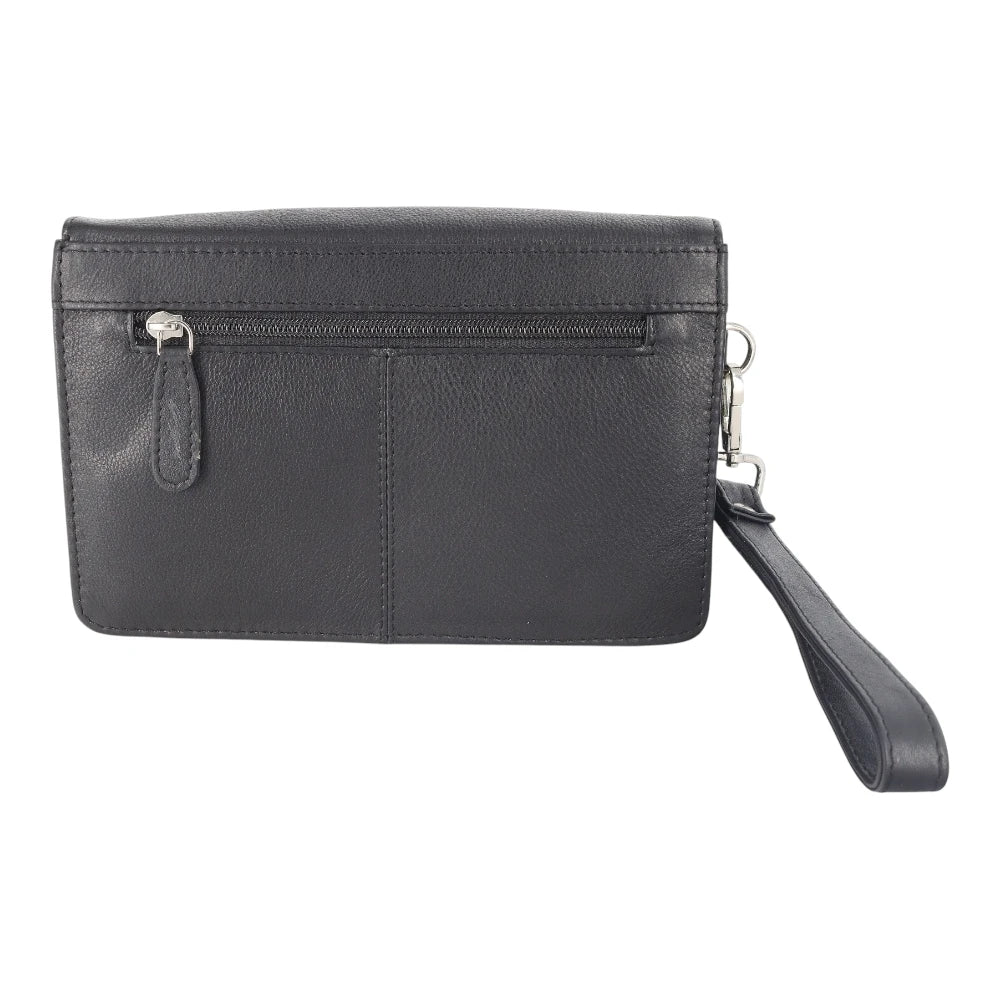 Back view of black leather travel pouch with srap
