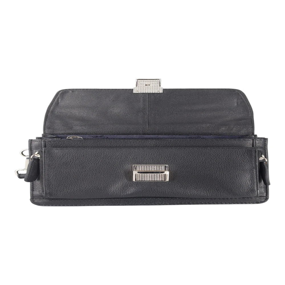 Open view of black leather travel pouch