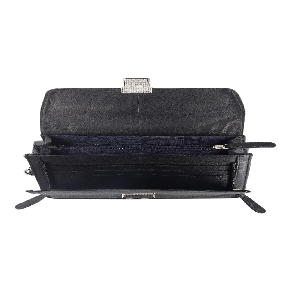 Inside view of black leather travel pouch