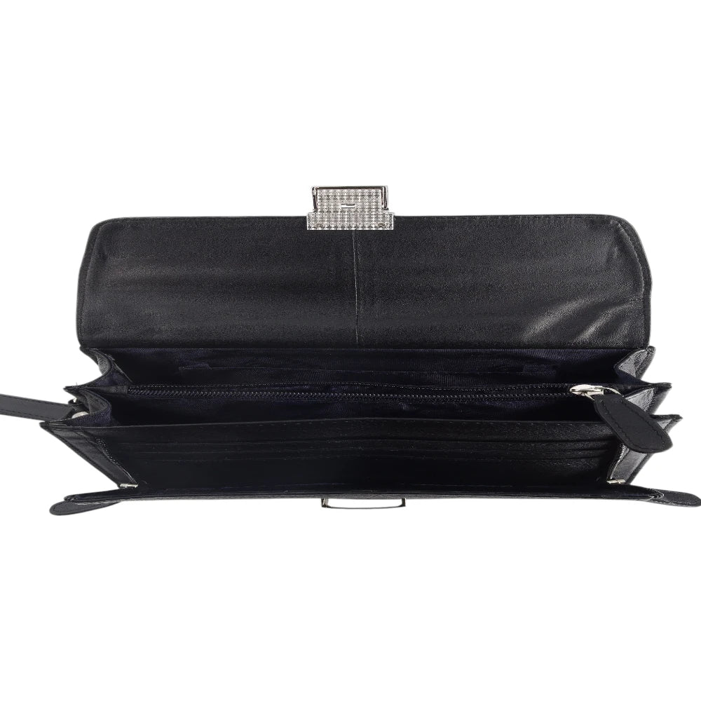 Inside view of black leather travel pouch
