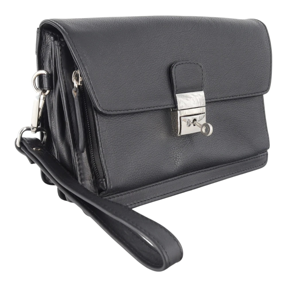 Front view of black leather travel pouch