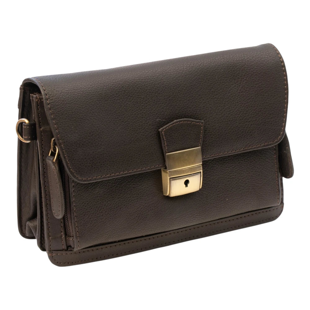Front view of brown leather travel pouch