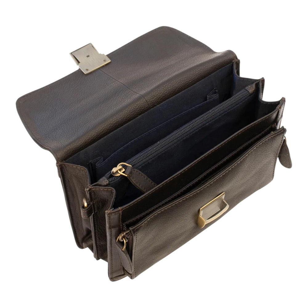 Inside view of brown leather travel pouch