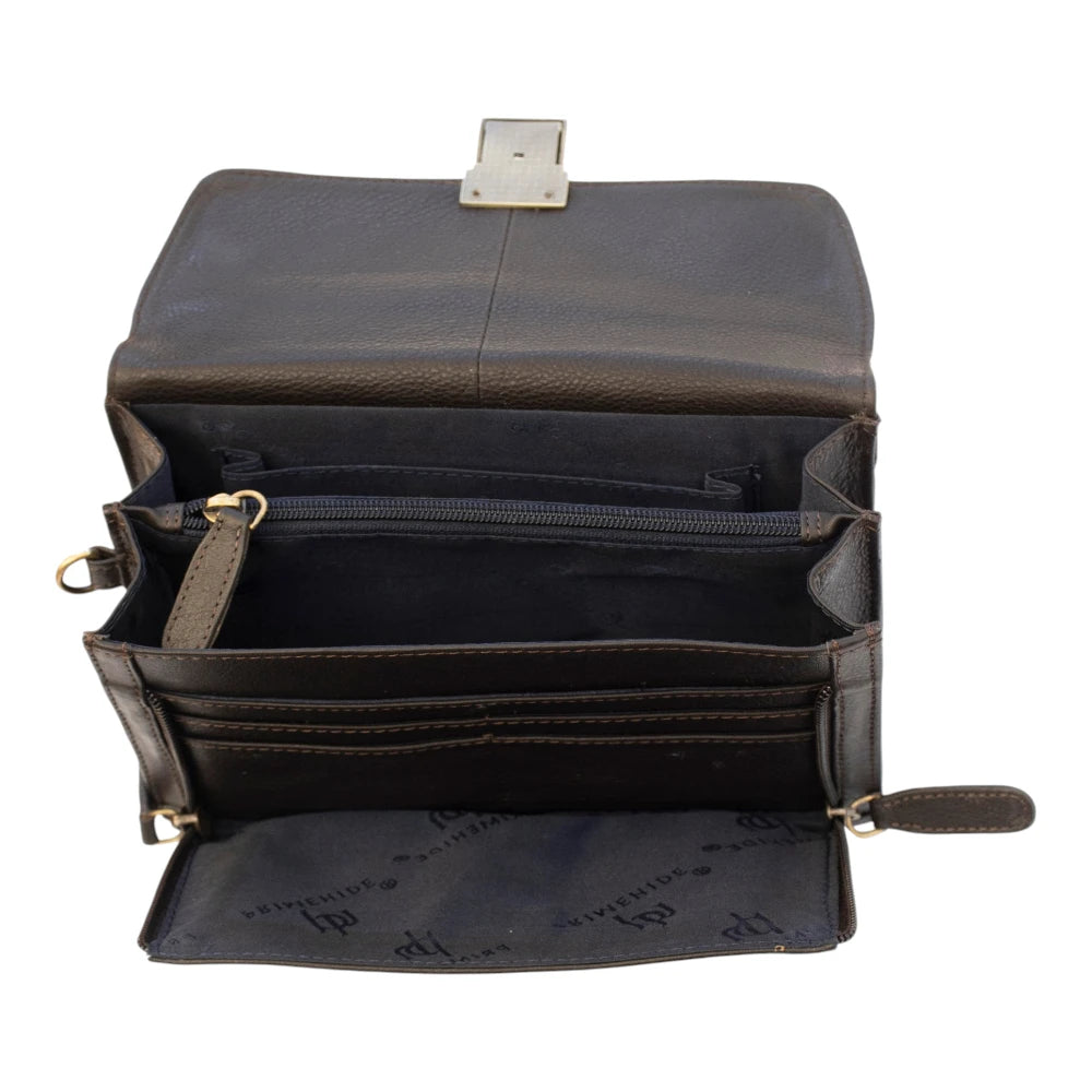 Inside view of brown leather travel pouch
