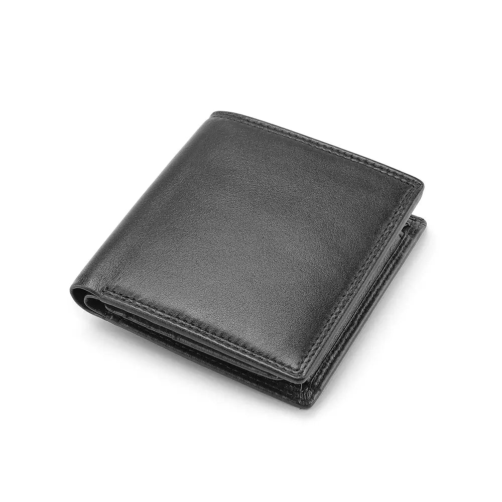 Black Leather RFID wallet with popper coin pocket front view