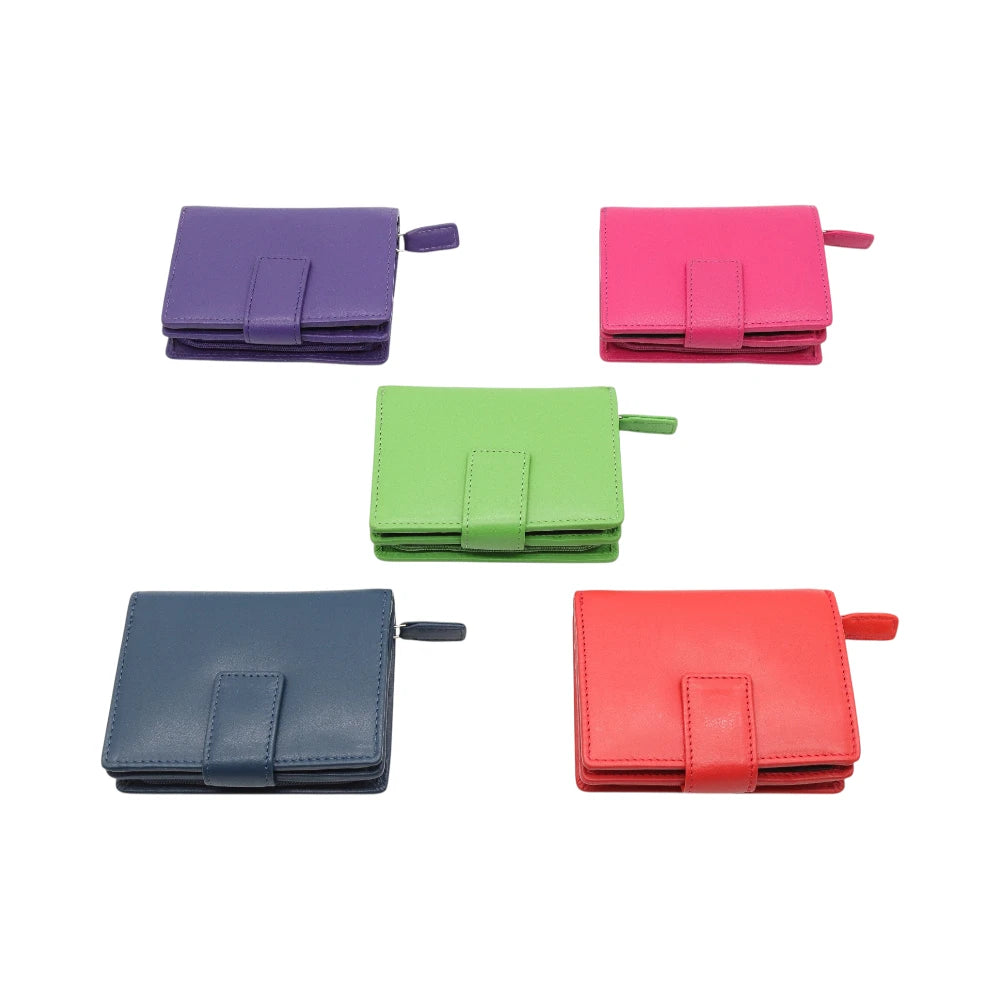 Five colorful wallets (purple, pink, green, navy, red) on a white background