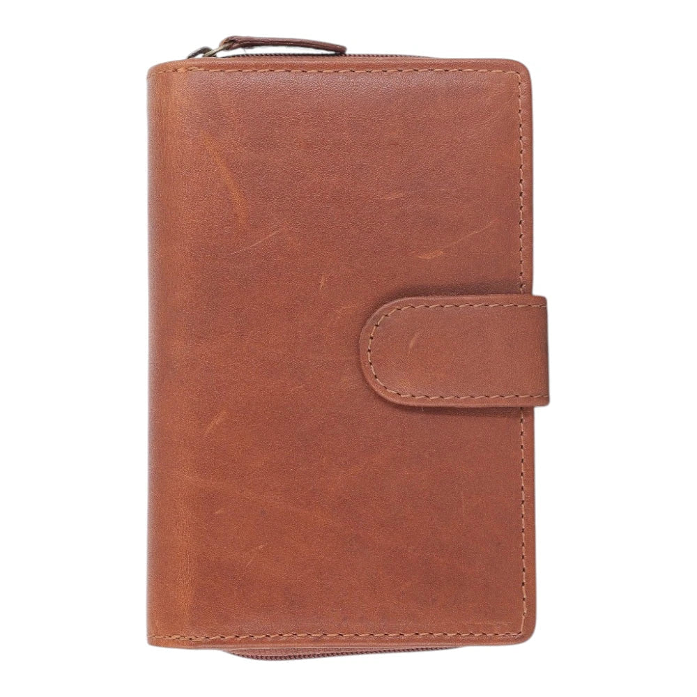 Front view of Cognac leather trifold purse for women