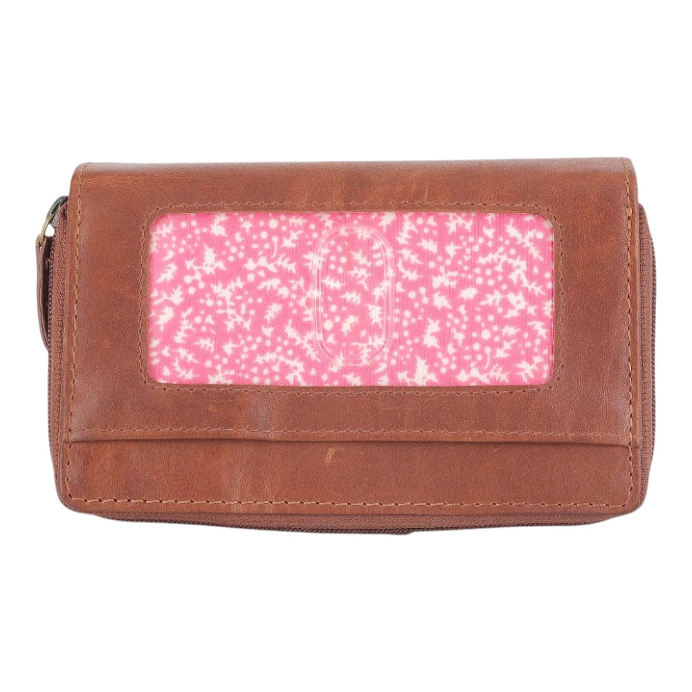 Front view of Cognac leather trifold purse for women