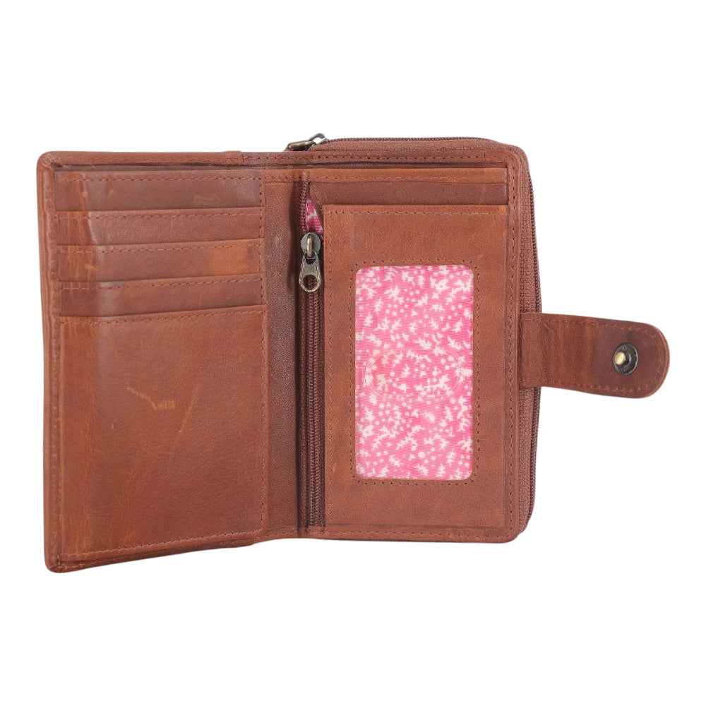 Open view of Cognac leather trifold purse for women