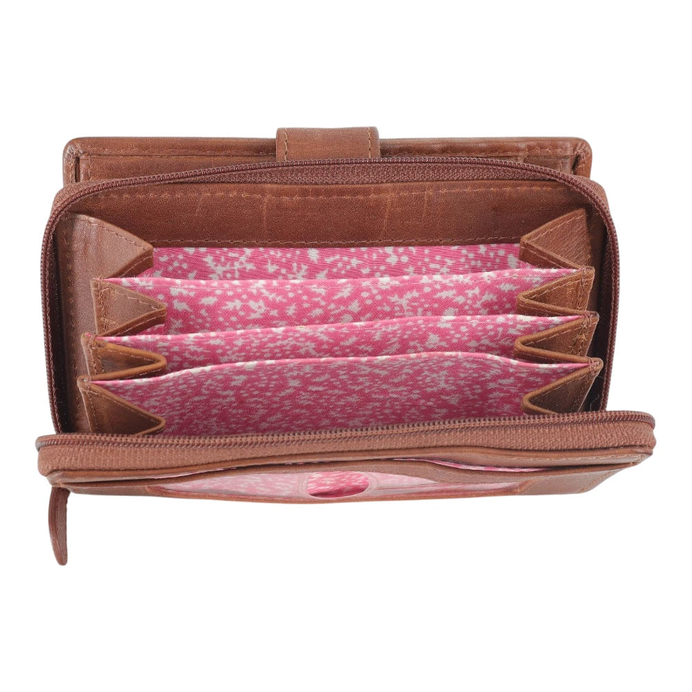 Inside view of Cognac leather trifold purse for women