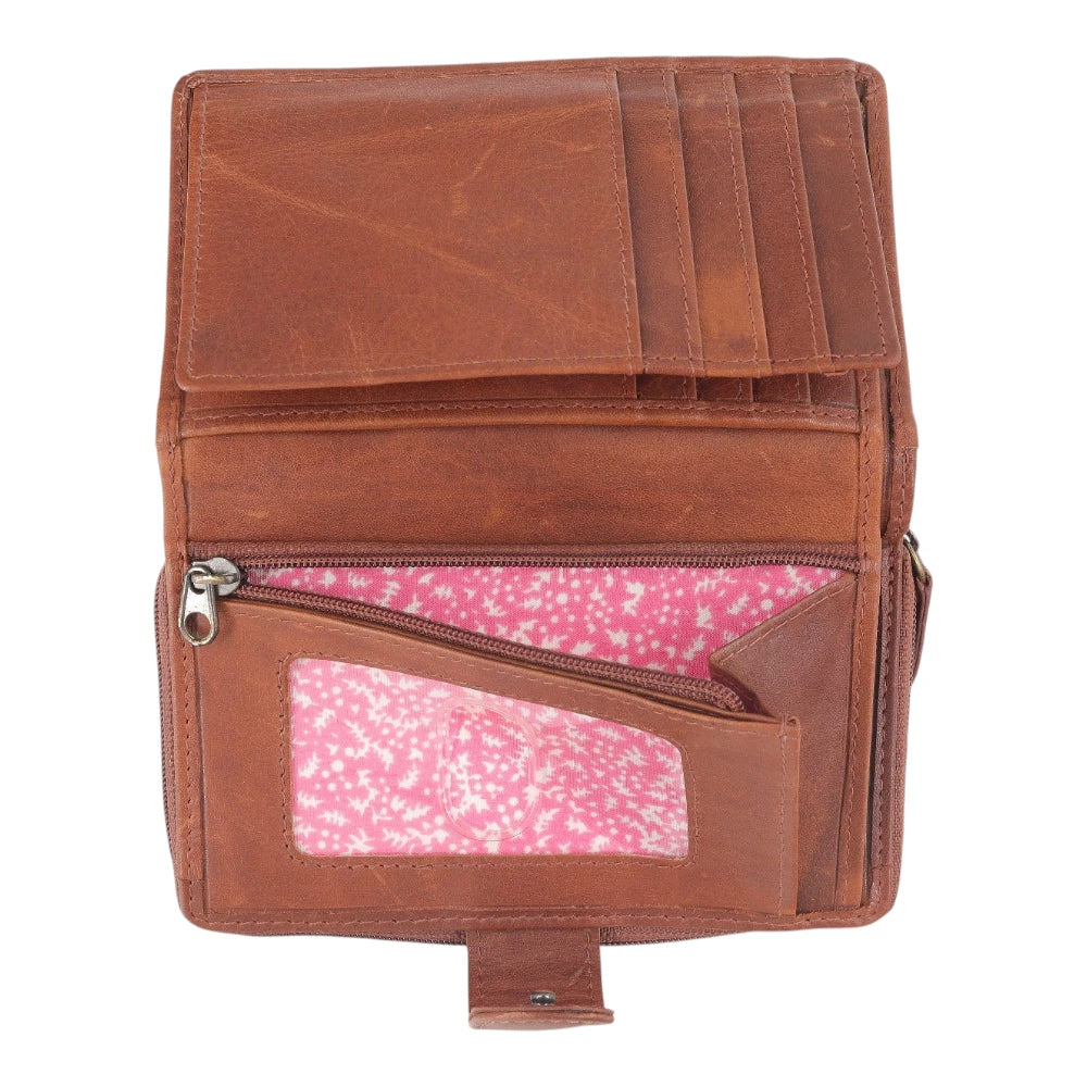 Open view of Cognac leather trifold purse for women