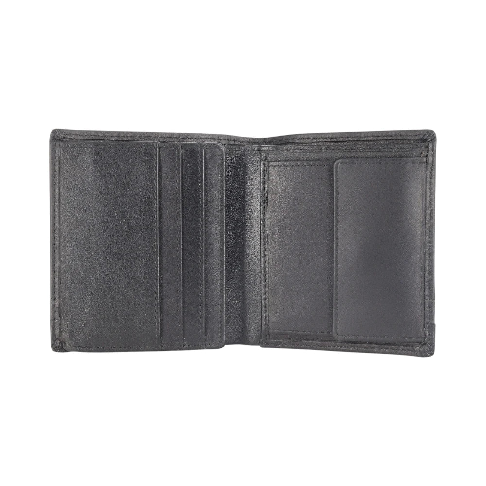 Black leather wallet open on a white background