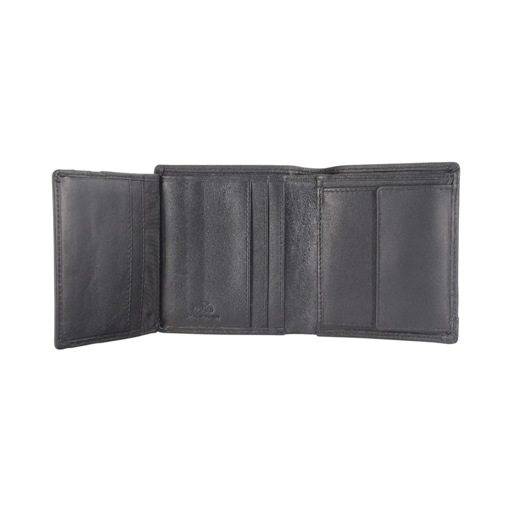 Black leather wallet open on a white background