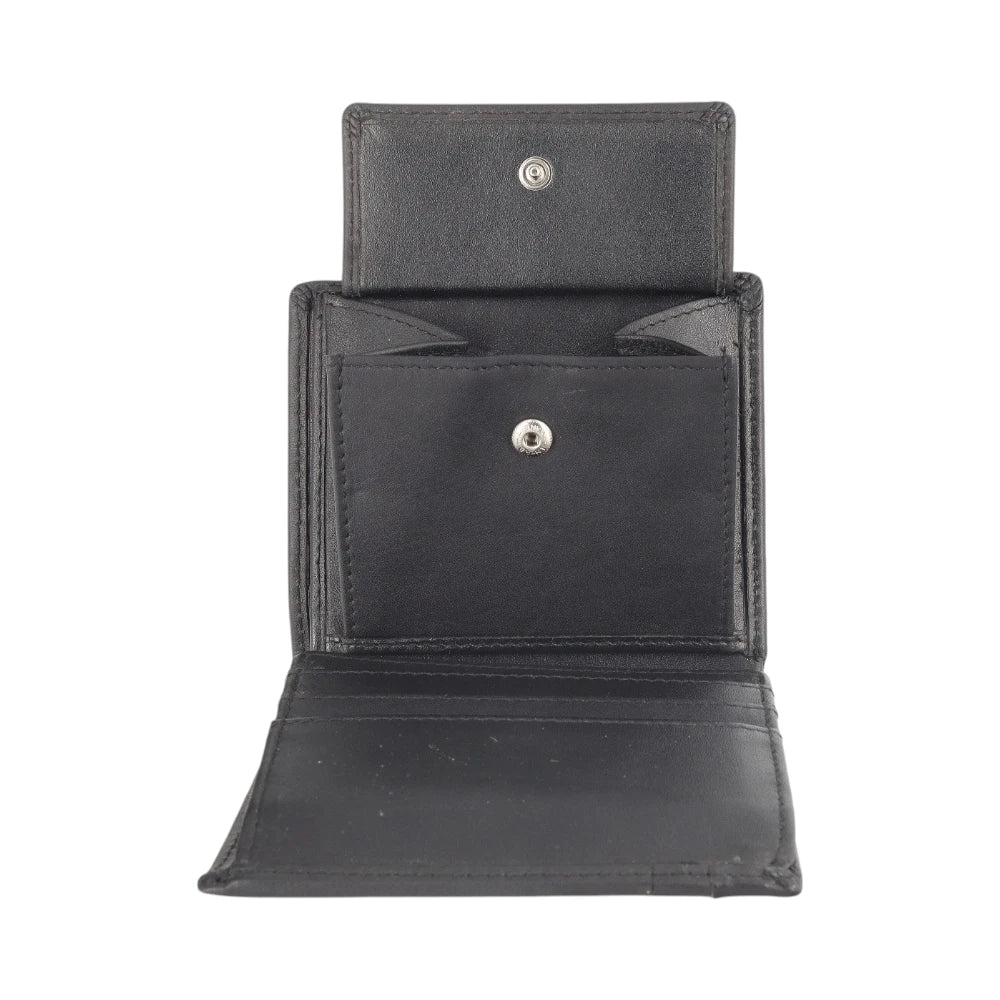 Black leather wallet with button closure on a white background