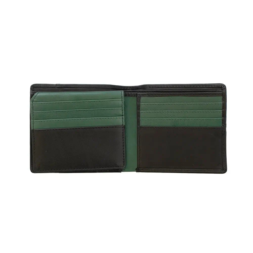 Open view of Two-tone black and green wallet on a white background