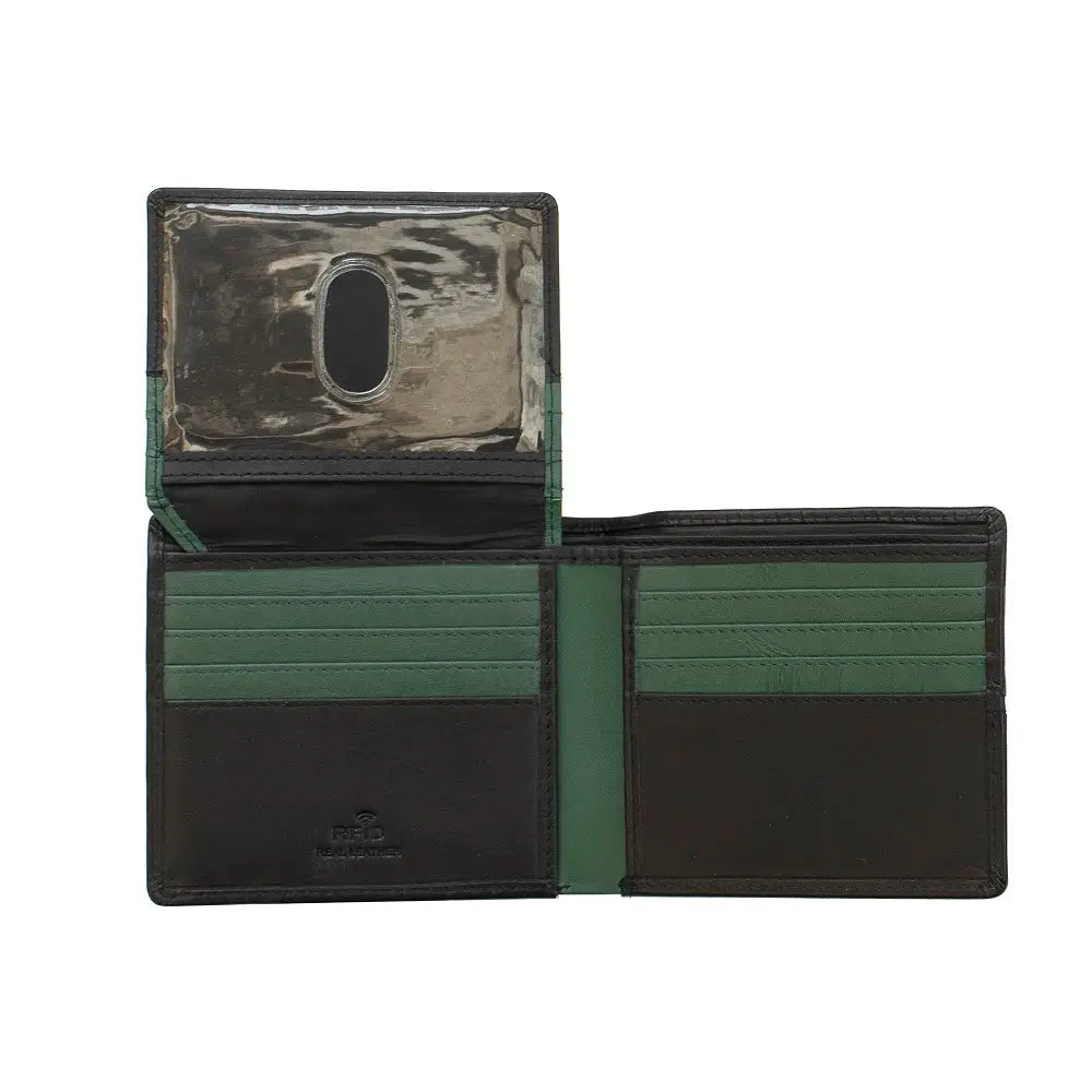 Black and green wallet with open design on a white background