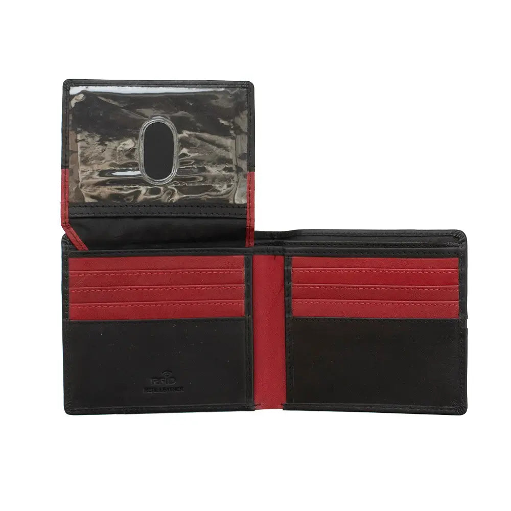Black and red wallet with a clear card holder on a white background