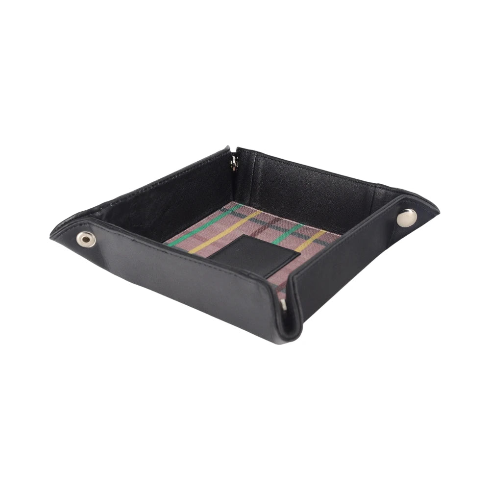 Lilac leather tray with plaid interior on a white background