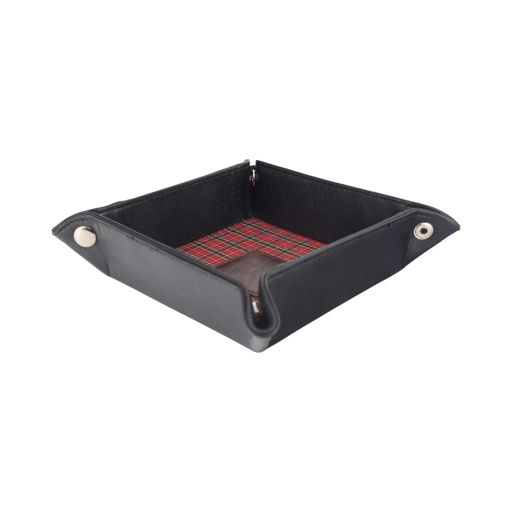 Black leather tray with red tartan pattern on a white background