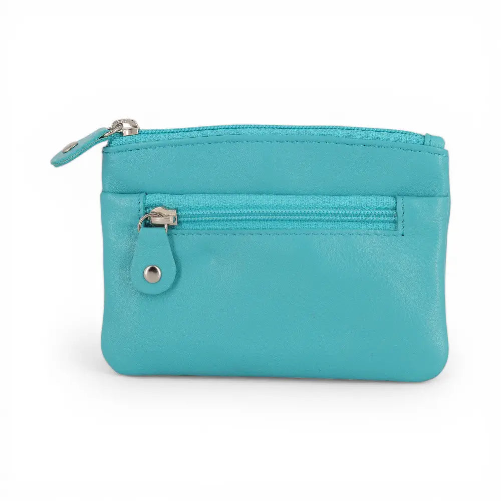 Turquoise leather wallet with a zipper on a white background