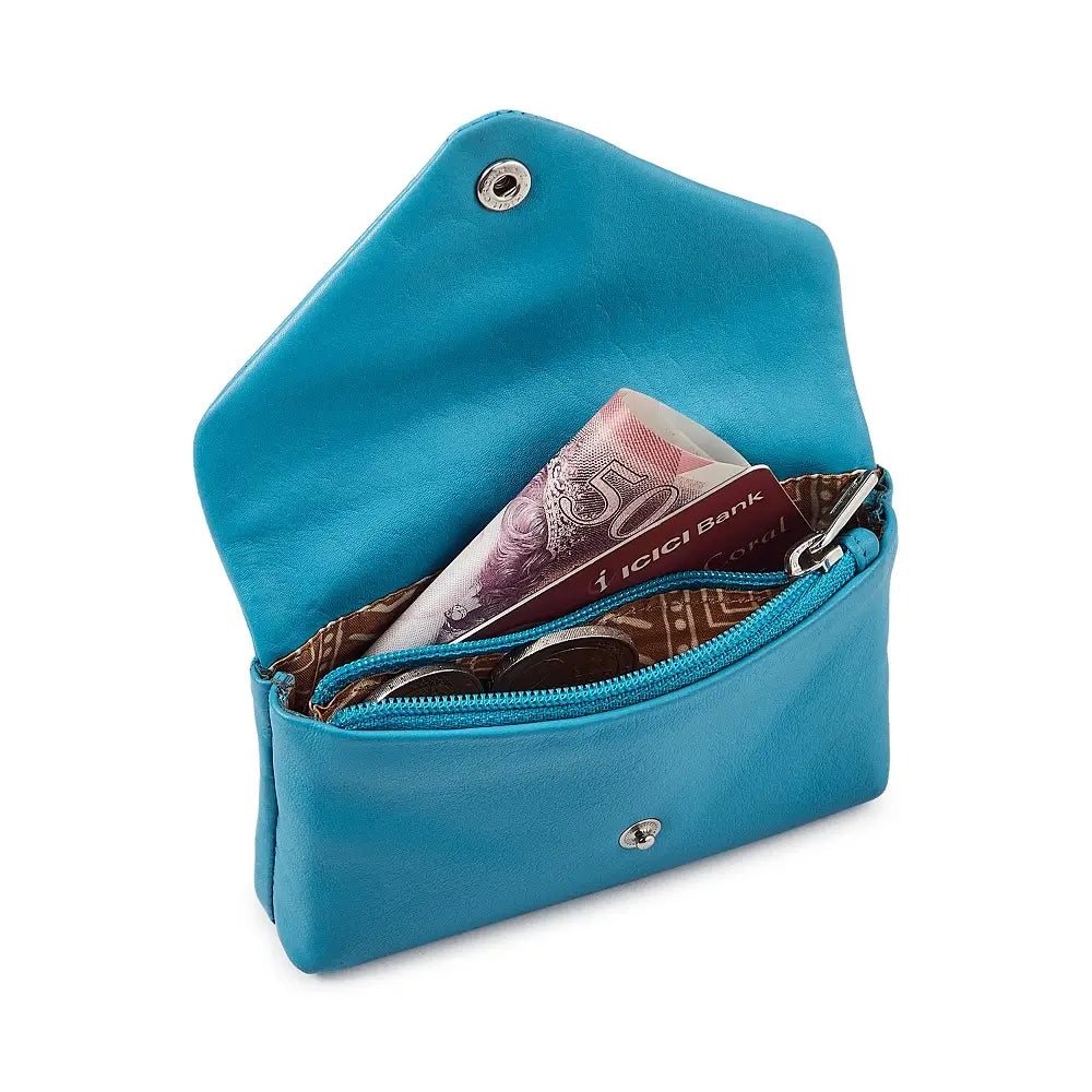 Miami turquoise leather envelope coin purse crafted from real leather 
with secure zip compartment