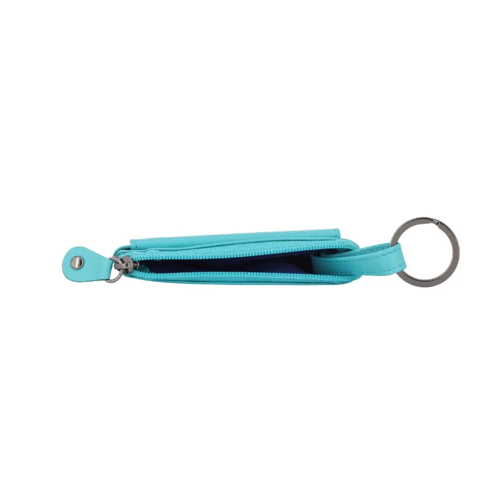 Turquoise keychain with a zipper on a white background