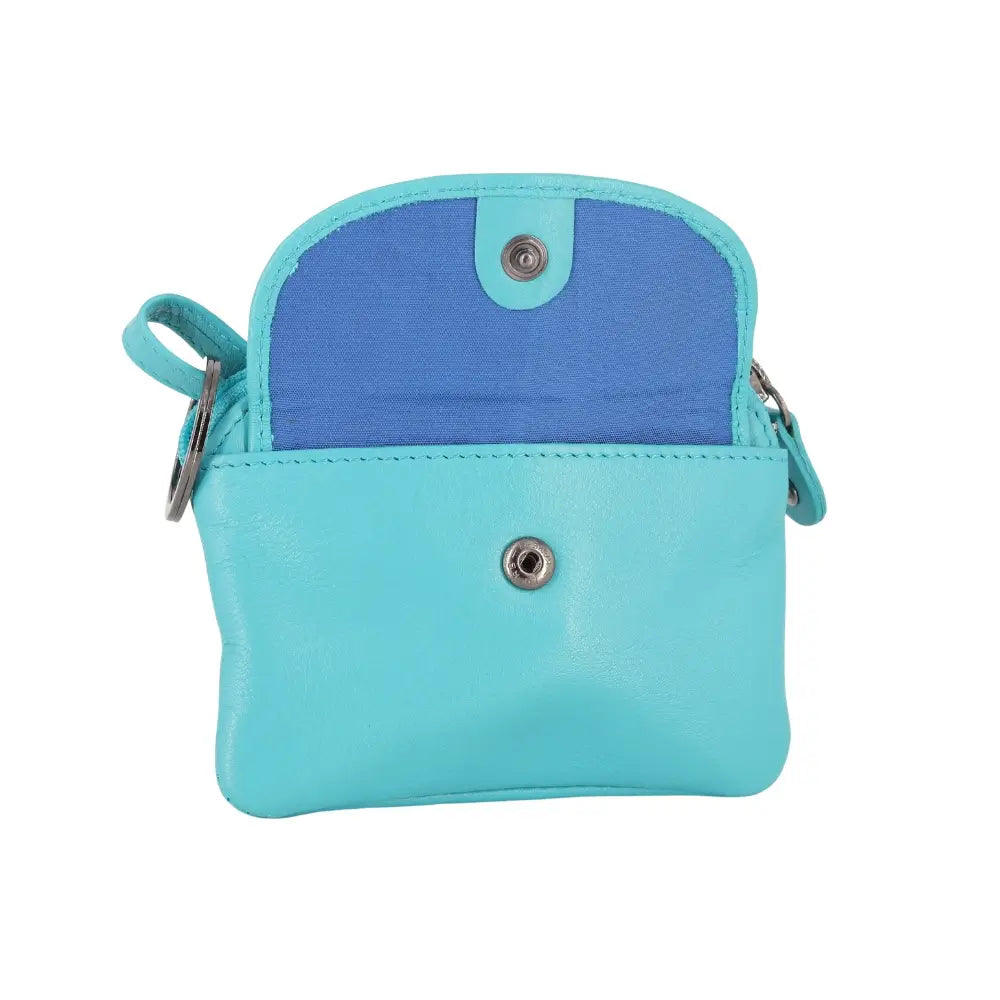 Turquoise crossbody bag with blue top section on a white background