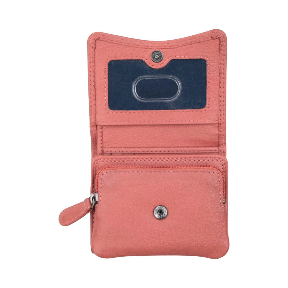 Dusty Rose wallet with a blue interior pocket on a white background