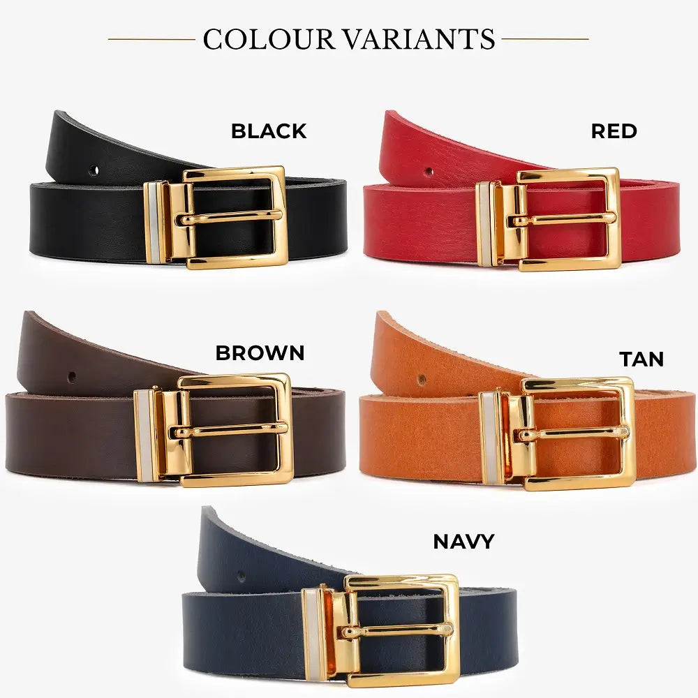 Belt color variants with black, red, brown, tan, and navy belts on a white background.