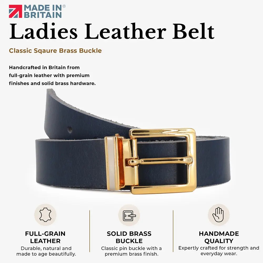 Ladies leather belt with gold buckle on a white background, featuring 'Made in Britain' branding.