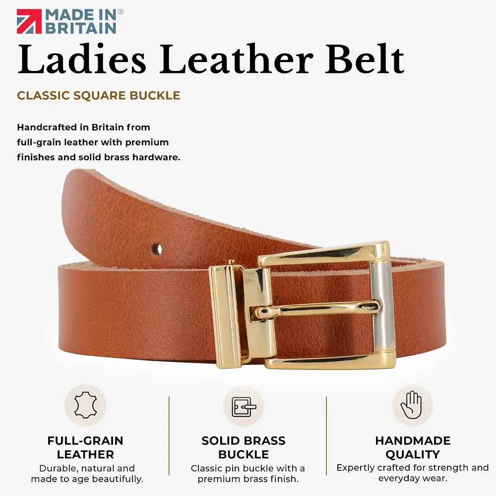 Tan  leather belt with gold buckle on a white background, featuring text about Made in Britain quality.