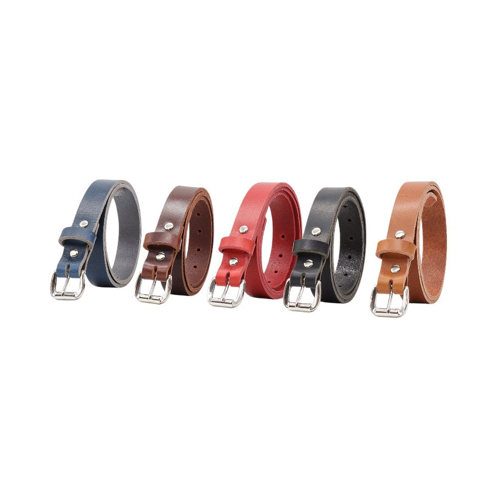 Five leather belts in different colors arranged in a row on a white background.
