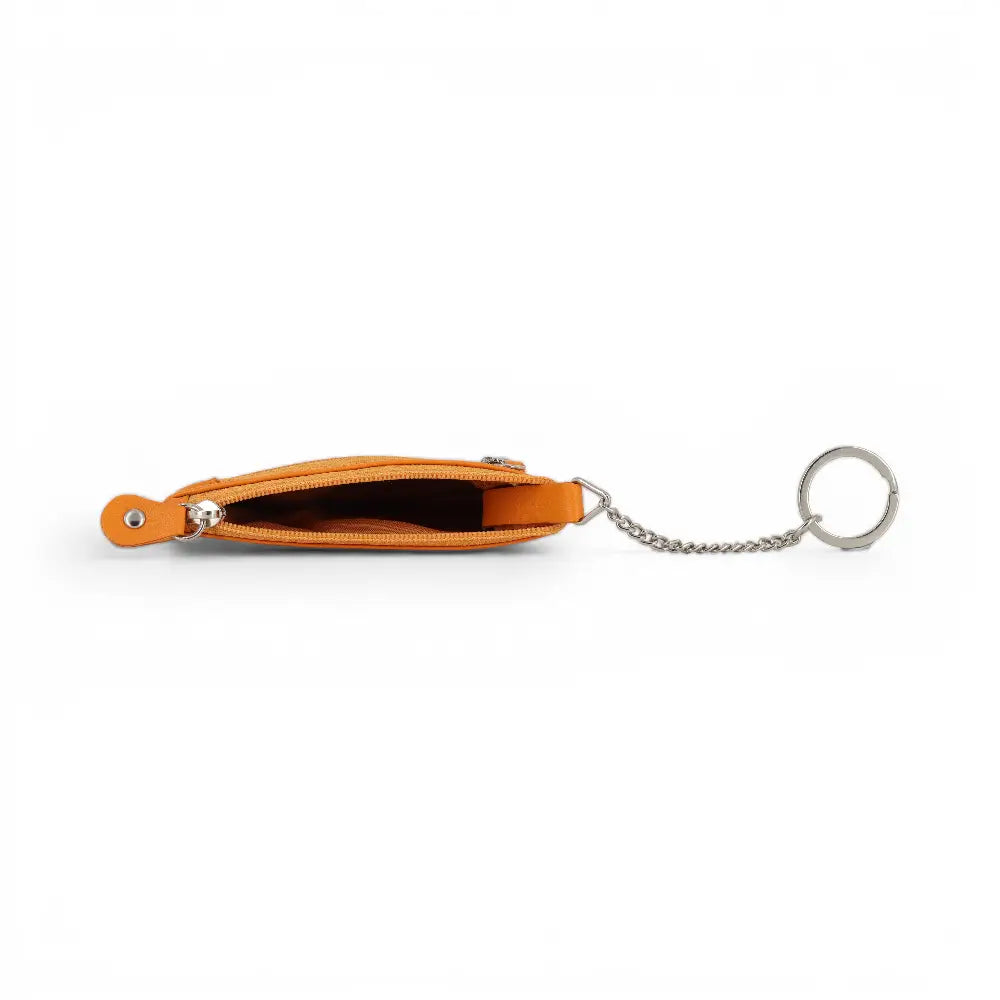 Yellow keychain pouch with a chain on a white background
