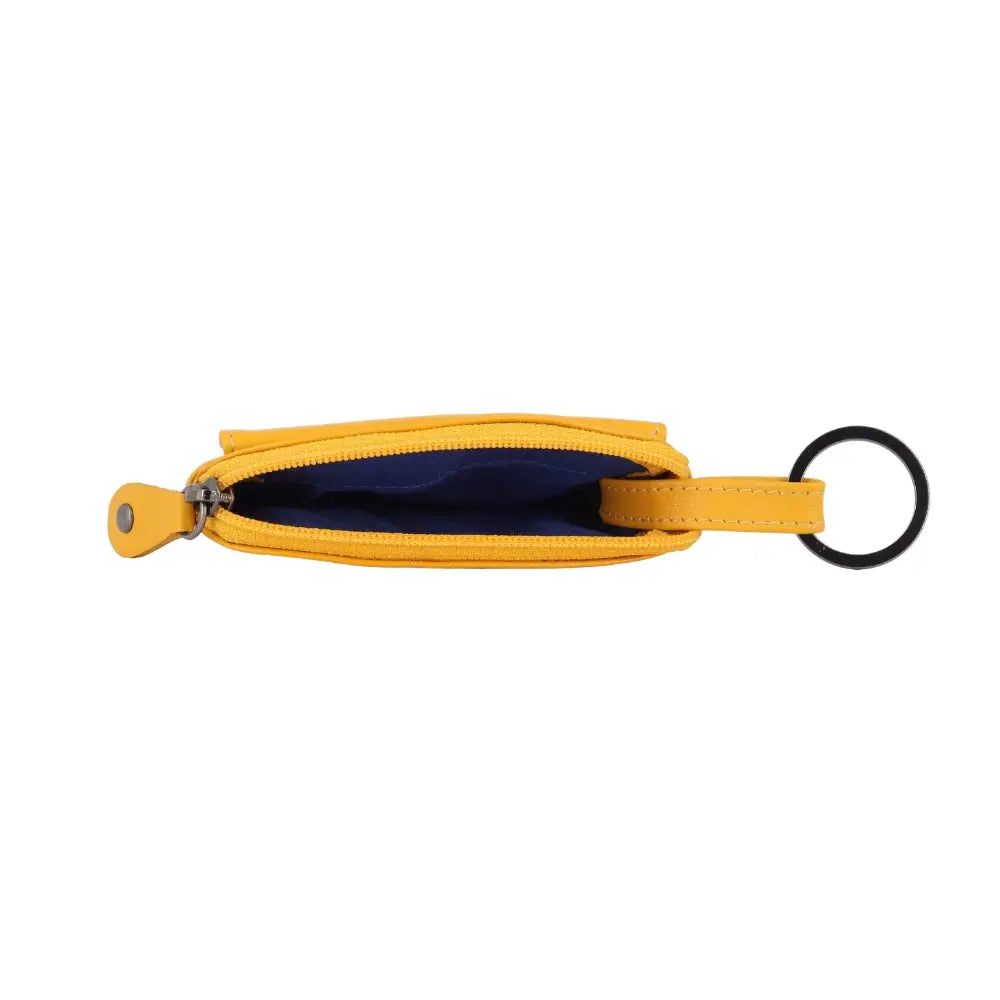 Yellow keychain pouch with a black ring on a white background
