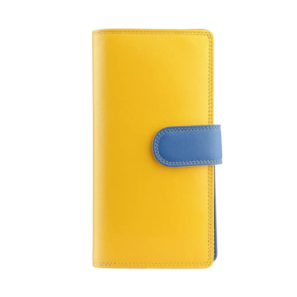 front view of Yellow wallet with a blue flap on a white background