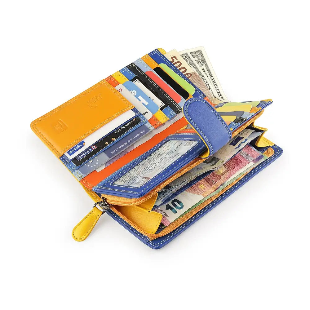 Open Yellow wallet with cards and money on a white background