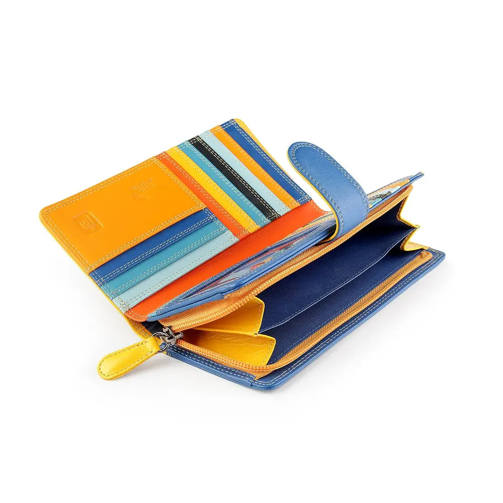 Yellow wallet with striped sections on a white background