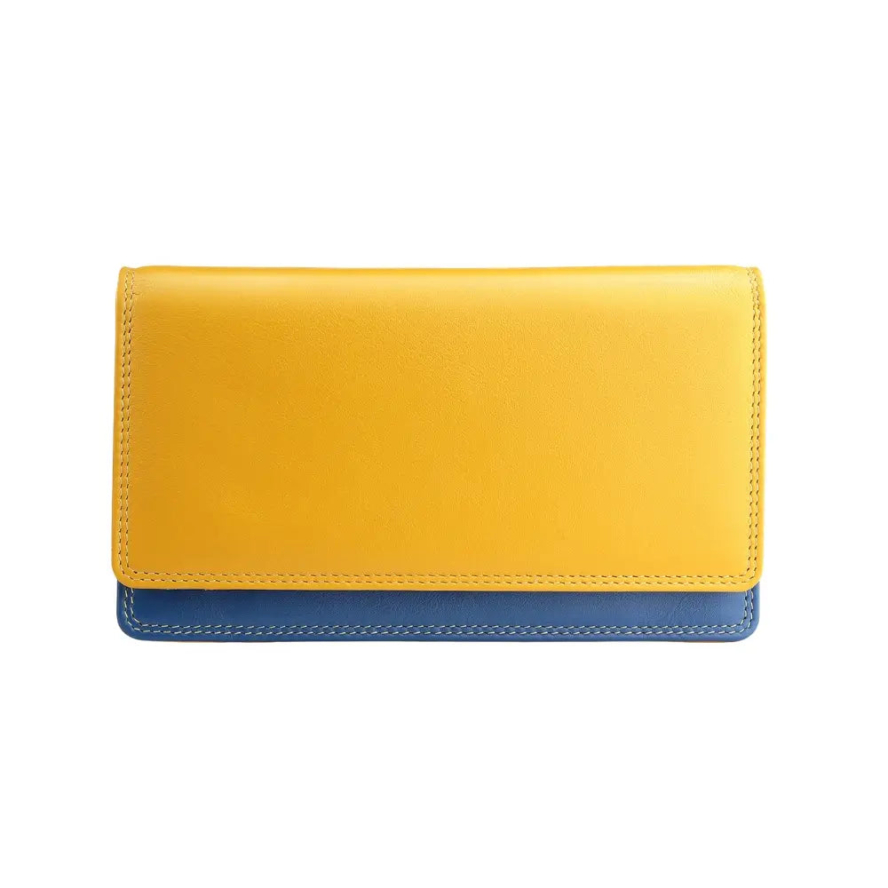 Front view of Yellow wallet with blue bottom section on a white background 