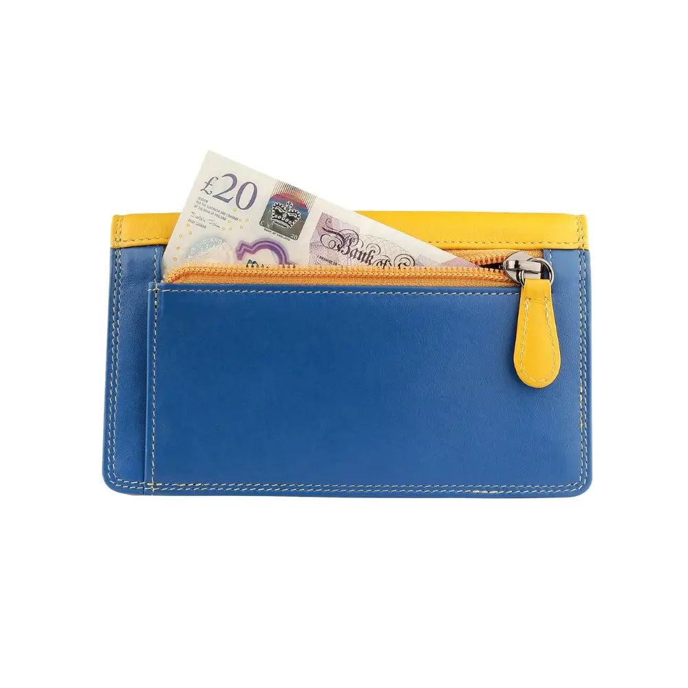 Back view of Yellow wallet with blue bottom section on a white background 