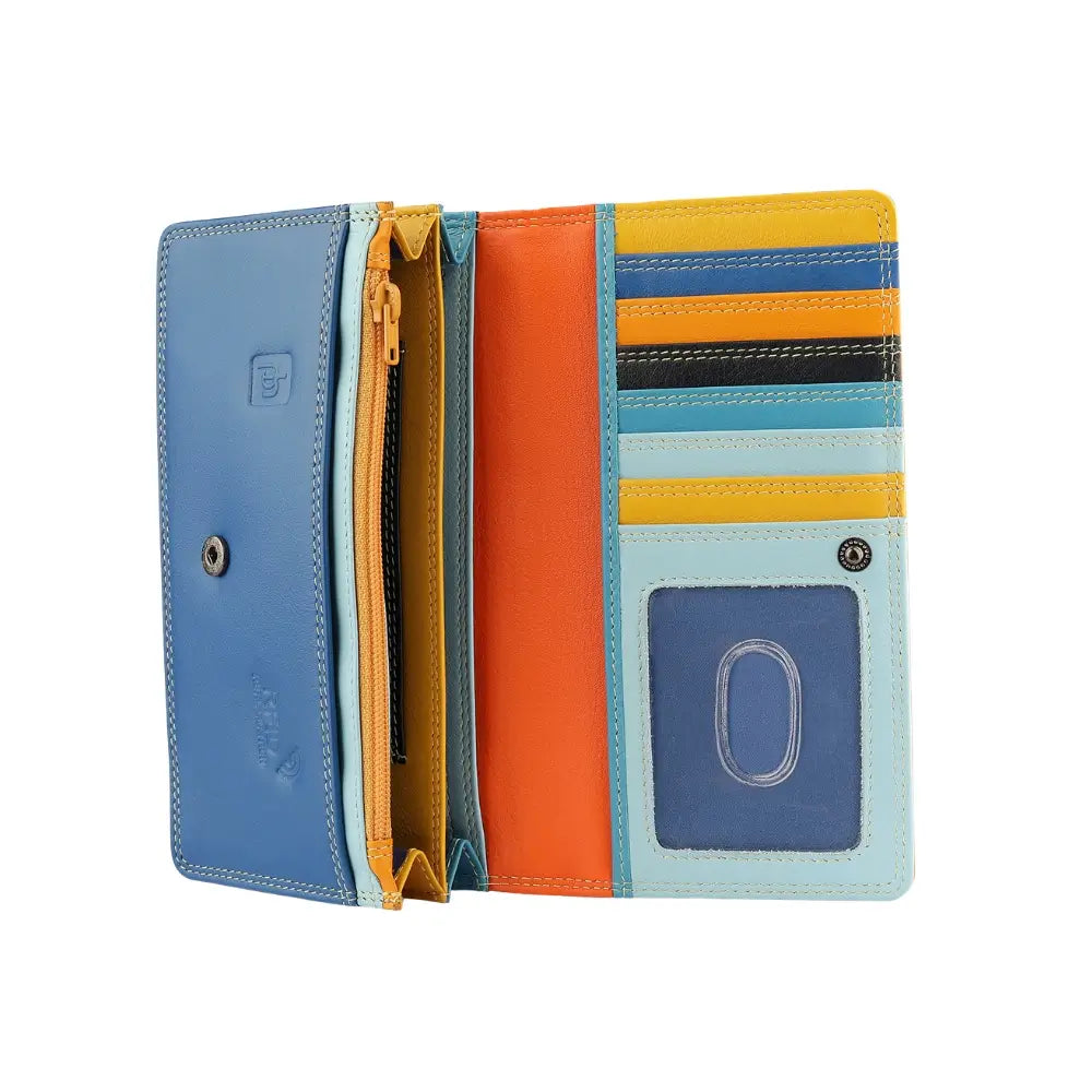 Inside view of Yellow wallet with blue bottom section on a white background 