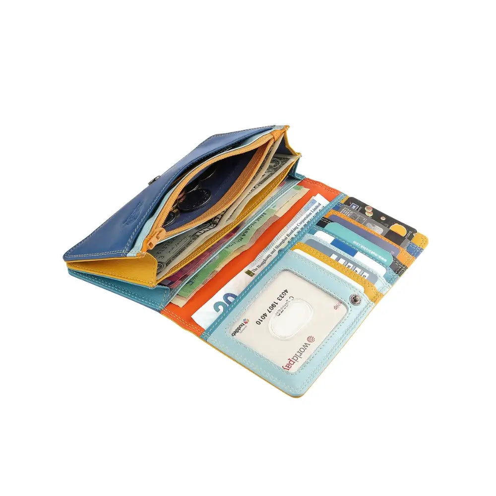 Open view of Yellow wallet with blue bottom section on a white background 