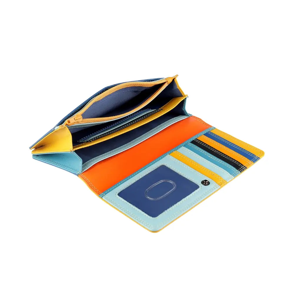 Inside view of Yellow wallet with blue bottom section on a white background 
