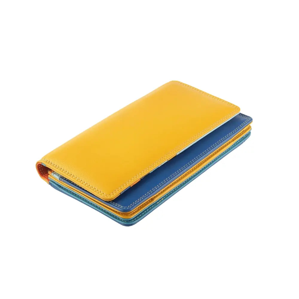 Top view of Yellow wallet with blue bottom section on a white background 