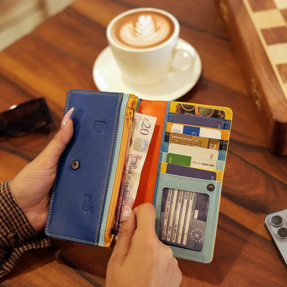 Lifestyle view of  Yellow wallet with blue bottom section on a white background 