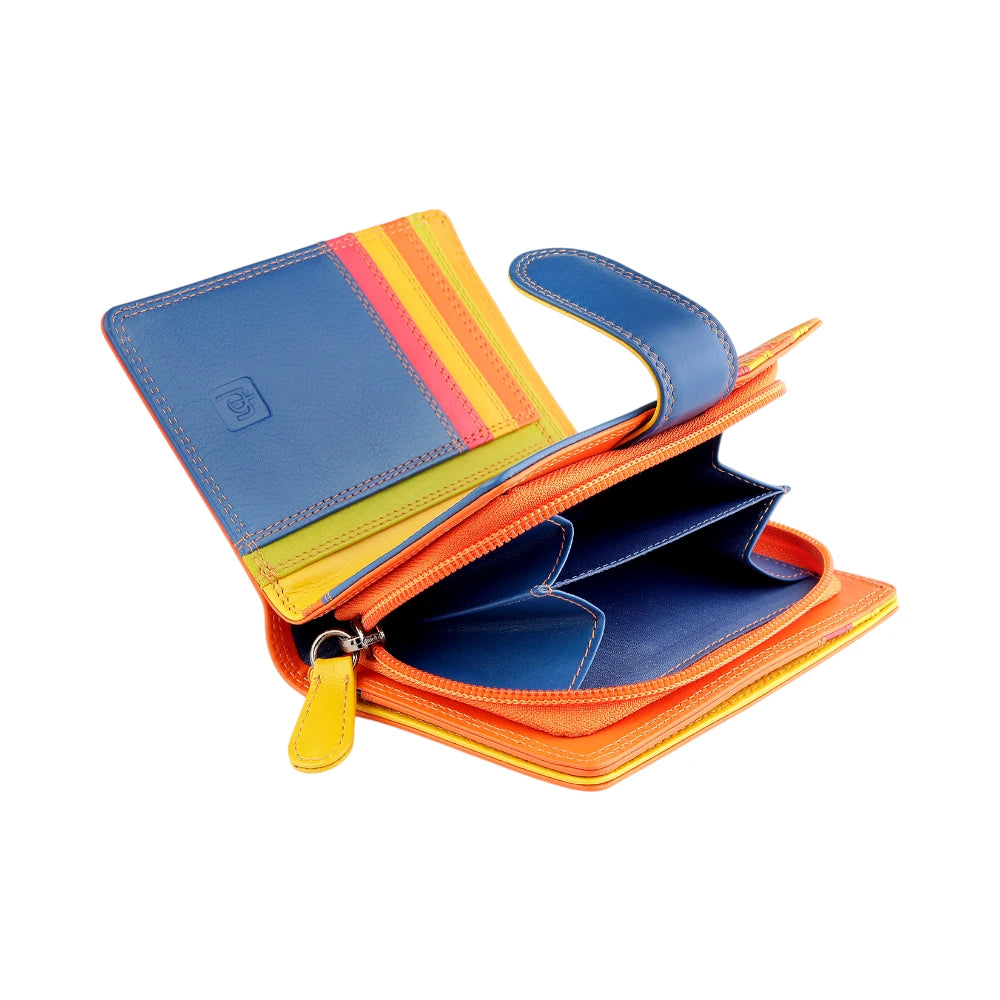 Yellow wallet with blue, yellow, and orange sections on a white background