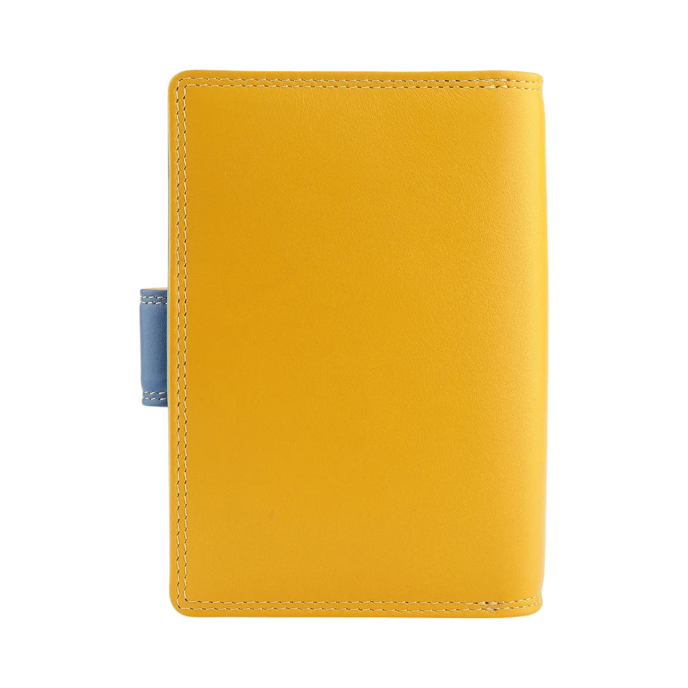 Yellow wallet with blue label on a white background